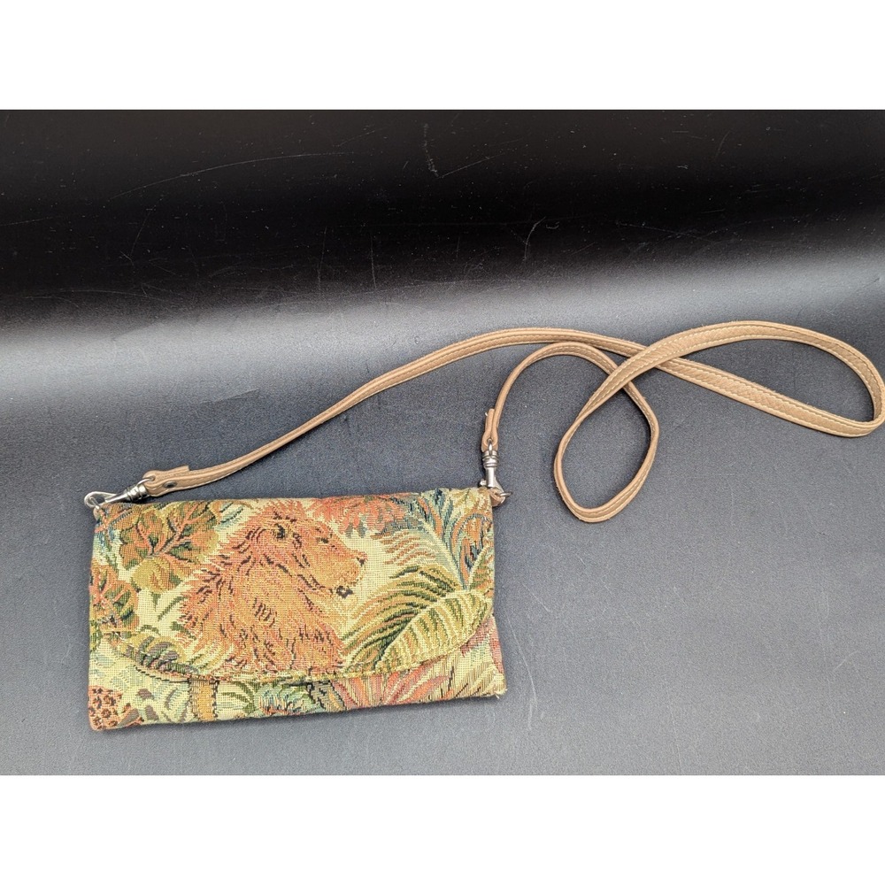 VTG Jennie Vaughn USA Wallet Tapestry Carpet Bag Jungle Trifold Leather Retro
